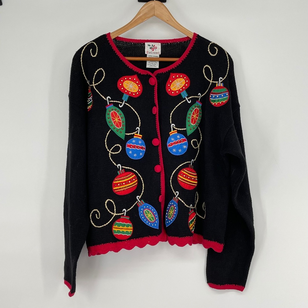 Vintage Nutcracker Black‎ Red Christmas Sweater Cardigan Beaded Ornaments Large